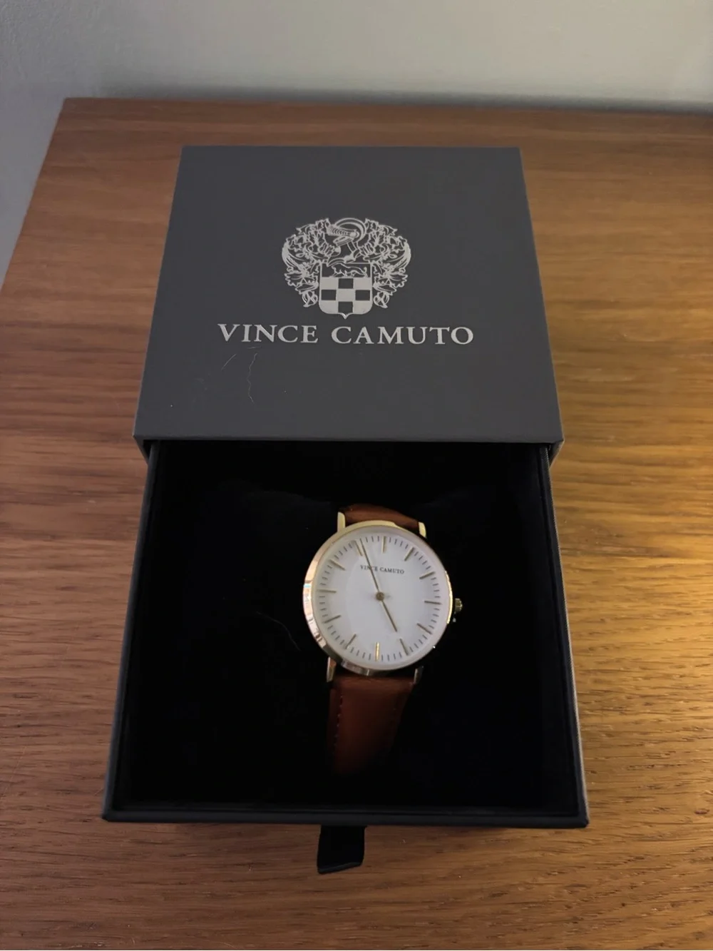 Vince Camuto gold-tone analog watch white dial and brown leather strap new